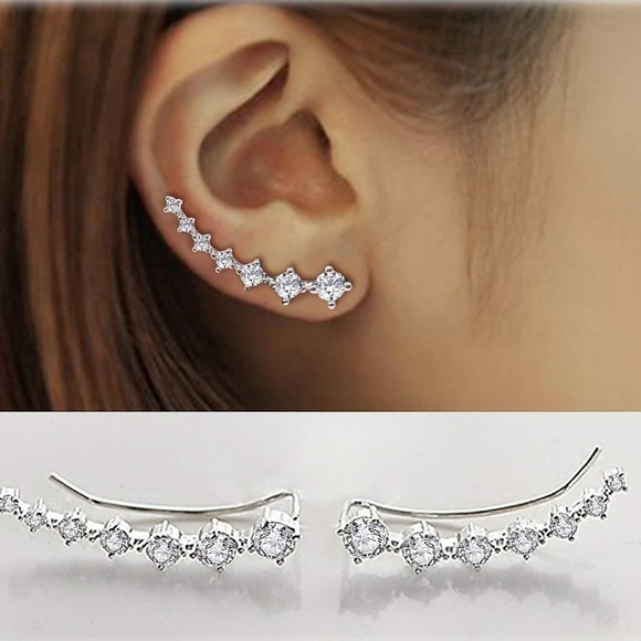 Sterling Silver 7-Star Crystal Ear Cuff Climber Cartilage Earrings - Picture 4 of 14